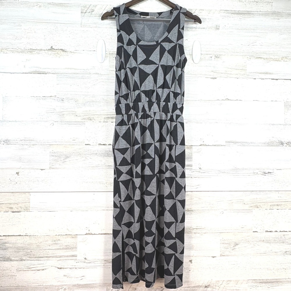 LOFT Grey Black Geometric Triangle Print Sleeveless‎ Midi Dress Jersey Size S